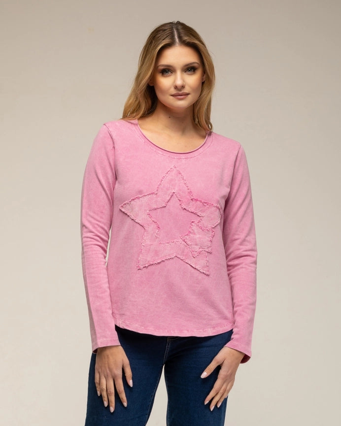 Long-Sleeve Top with A Round Neck and Star Embroidery PINK-Top-Tantra-S-PINK-Urbanheer