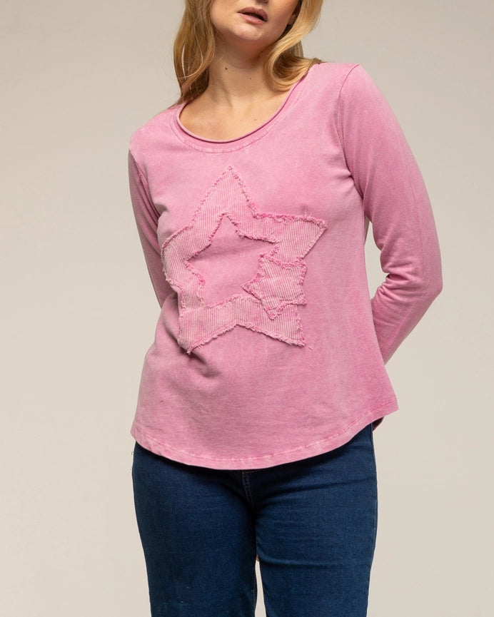 Long-Sleeve Top with A Round Neck and Star Embroidery PINK-Top-Tantra-S-PINK-Urbanheer