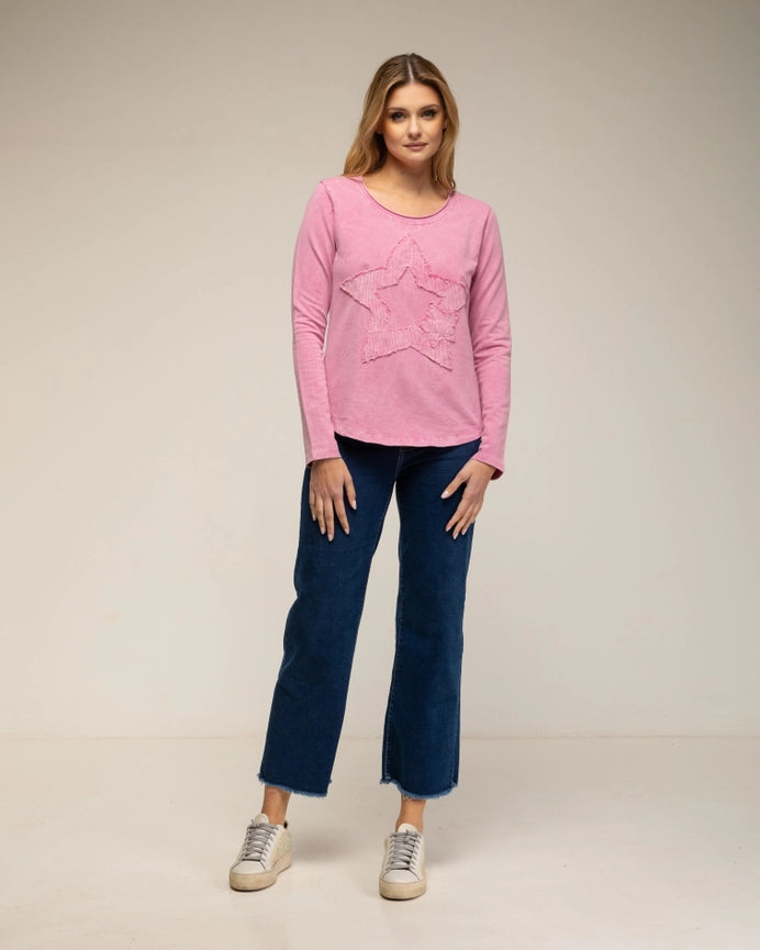 Long-Sleeve Top with A Round Neck and Star Embroidery PINK-Top-Tantra-S-PINK-Urbanheer