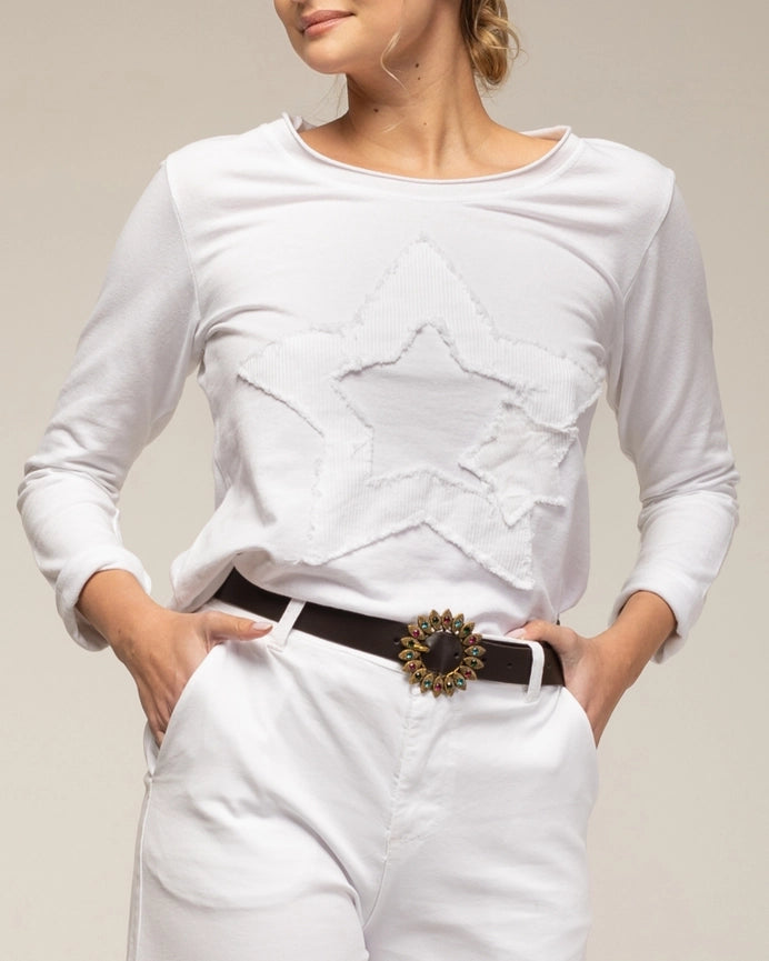 Long-Sleeve Top with A Round Neck and Star Embroidery WHITE-Top-Tantra-S-WHITE-Urbanheer