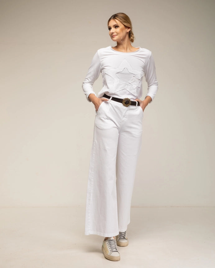Long-Sleeve Top with A Round Neck and Star Embroidery WHITE-Top-Tantra-S-WHITE-Urbanheer