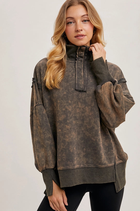 Long Sleeve Washed Side Slit Henley Sweatshirt ASH-Sweatshirt-Peace Love Line-S-Urbanheer