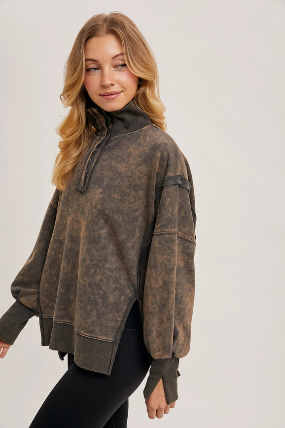 Long Sleeve Washed Side Slit Henley Sweatshirt ASH-Sweatshirt-Peace Love Line-S-Urbanheer