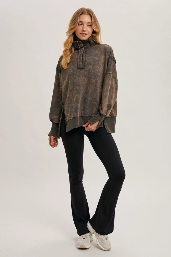 Long Sleeve Washed Side Slit Henley Sweatshirt ASH-Sweatshirt-Peace Love Line-S-Urbanheer