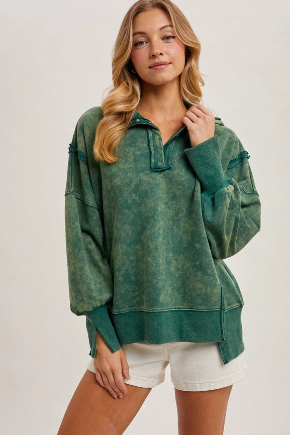 Long Sleeve Washed Side Slit Henley Sweatshirt HUNTER GREEN-Sweatshirt-Peace Love Line-S-Urbanheer