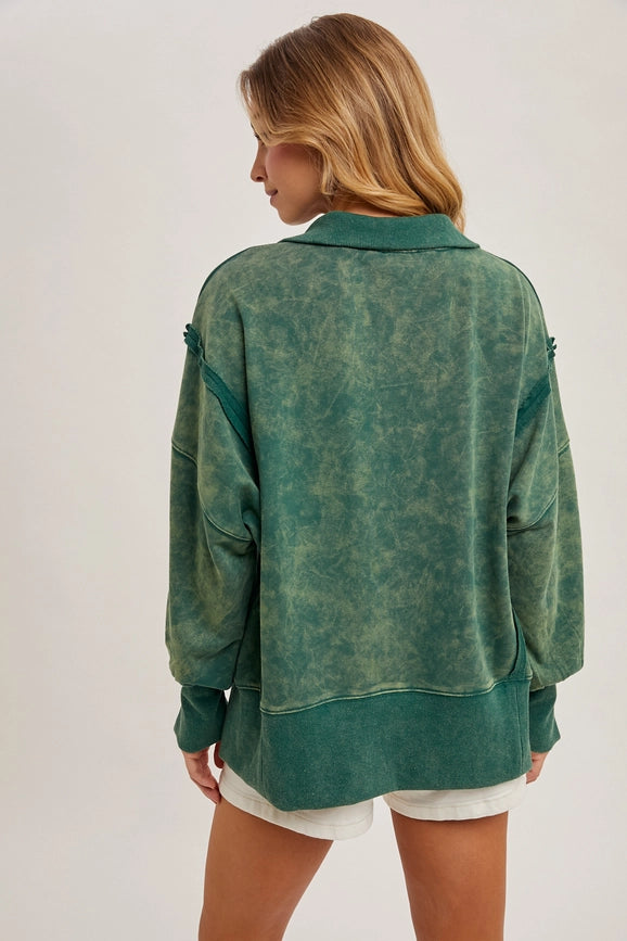 Long Sleeve Washed Side Slit Henley Sweatshirt HUNTER GREEN-Sweatshirt-Peace Love Line-S-Urbanheer