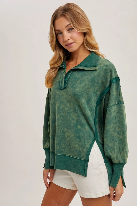 Long Sleeve Washed Side Slit Henley Sweatshirt HUNTER GREEN-Sweatshirt-Peace Love Line-S-Urbanheer