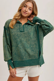 Long Sleeve Washed Side Slit Henley Sweatshirt HUNTER GREEN-Sweatshirt-Peace Love Line-S-Urbanheer