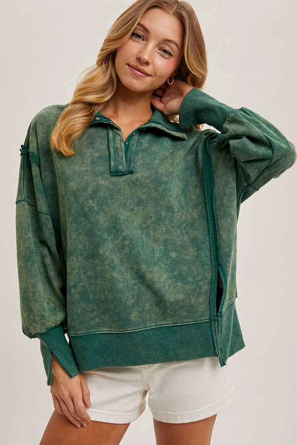 Long Sleeve Washed Side Slit Henley Sweatshirt HUNTER GREEN-Sweatshirt-Peace Love Line-S-Urbanheer
