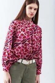 Long Sleeved Blouse in Trendy Fuchsia Leopard Print-Blouse-Q2-S-FUCHSIA-Urbanheer