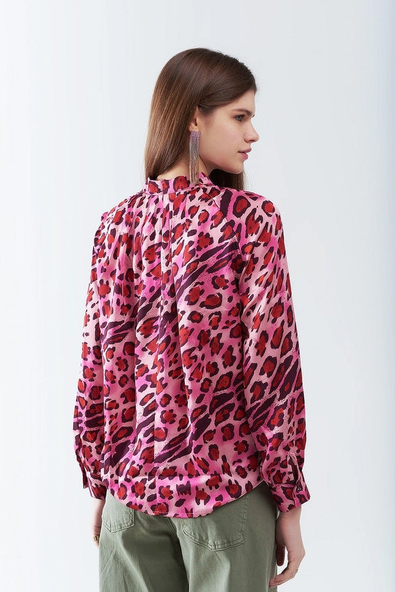 Long Sleeved Blouse in Trendy Fuchsia Leopard Print-Blouse-Q2-S-FUCHSIA-Urbanheer