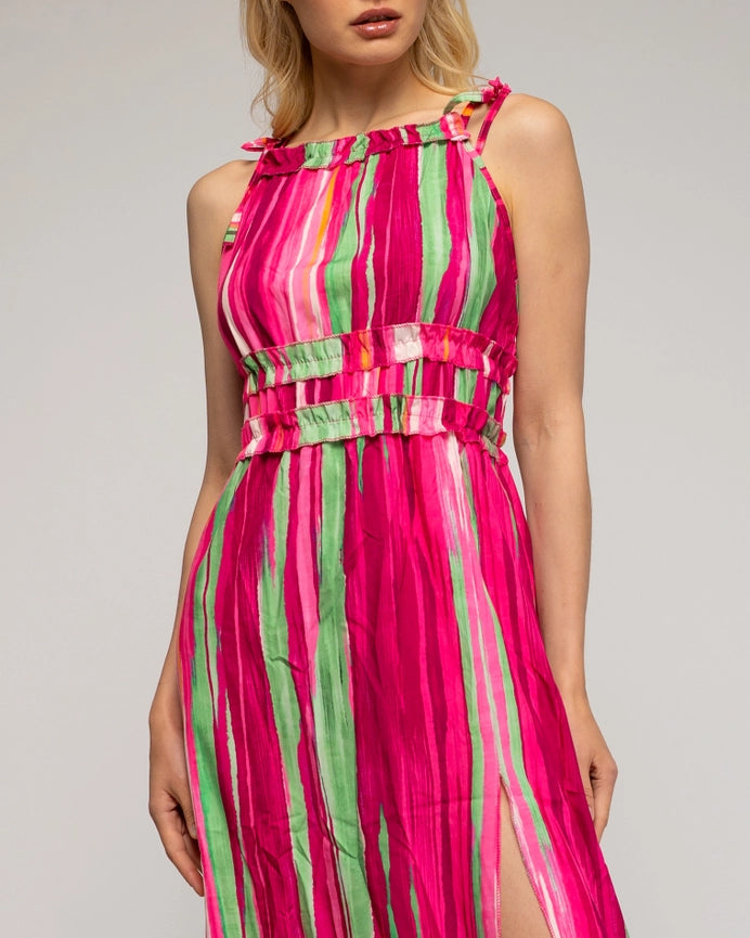 Long Striped Print Dress Fuchsia-Dress-Tantra-YOUR-Fuchsia-Urbanheer