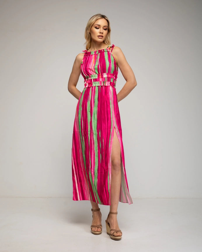 Long Striped Print Dress Fuchsia-Dress-Tantra-YOUR-Fuchsia-Urbanheer