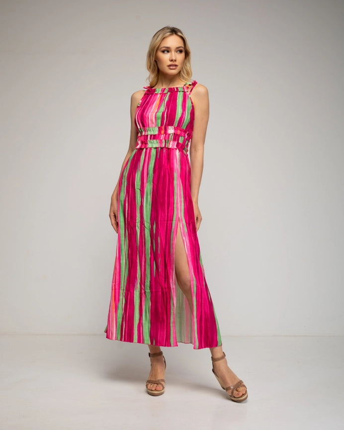 Long Striped Print Dress Fuchsia-Dress-Tantra-YOUR-Fuchsia-Urbanheer