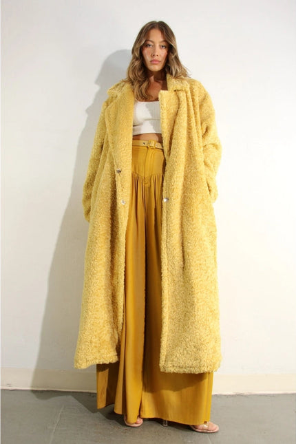 Long Teddy Bear Coat CREAM YELLOW from Mulla exclusive at Urbanheer