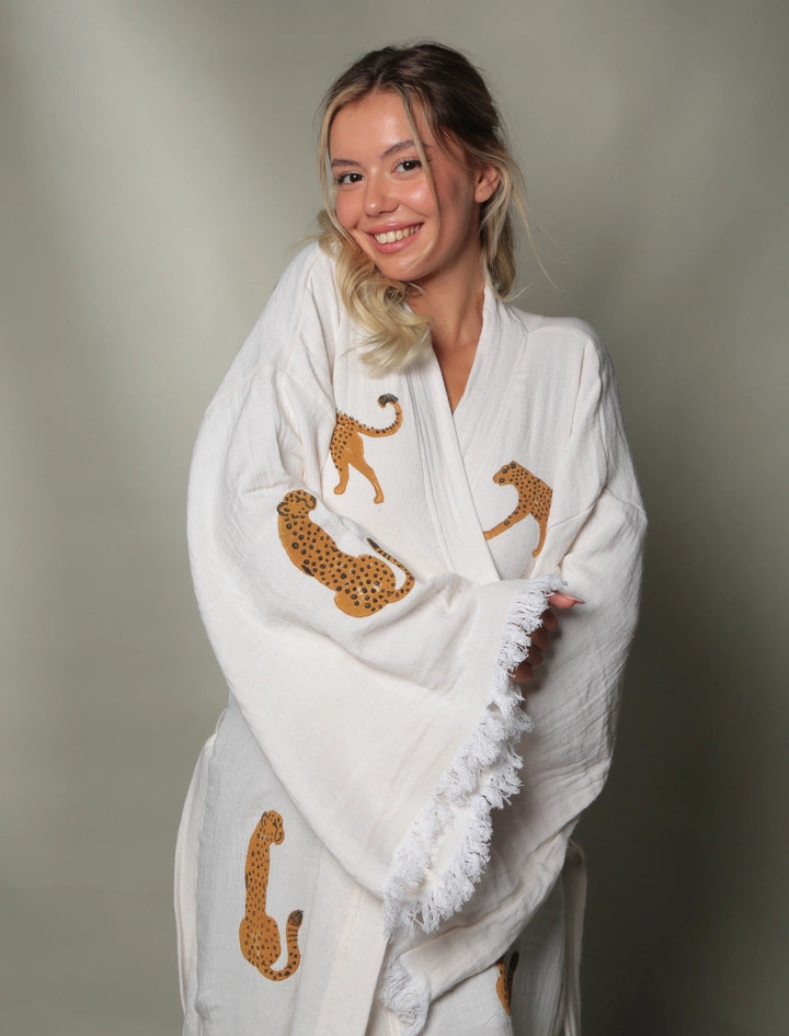 Long Tiger Kaftan Kimono Robe White Kimono Brown Tiger-Kimono-Moa-W: 33.5“inches (85cm) L: 47.2“inches (120cm)-Urbanheer