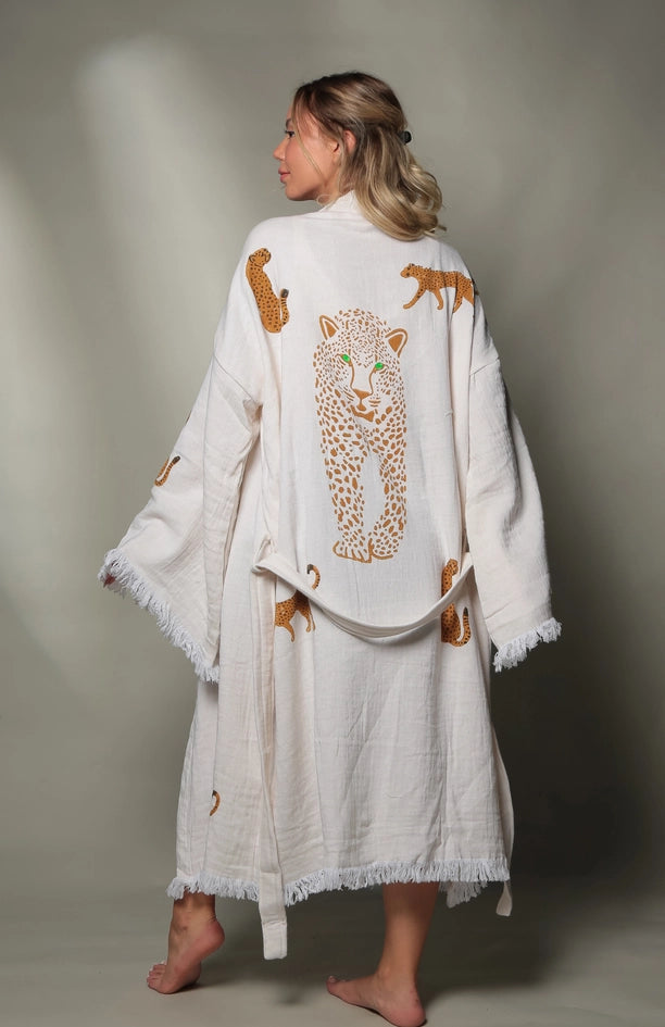 Long Tiger Kaftan Kimono Robe White Kimono Brown Tiger-Kimono-Moa-W: 33.5“inches (85cm) L: 47.2“inches (120cm)-Urbanheer