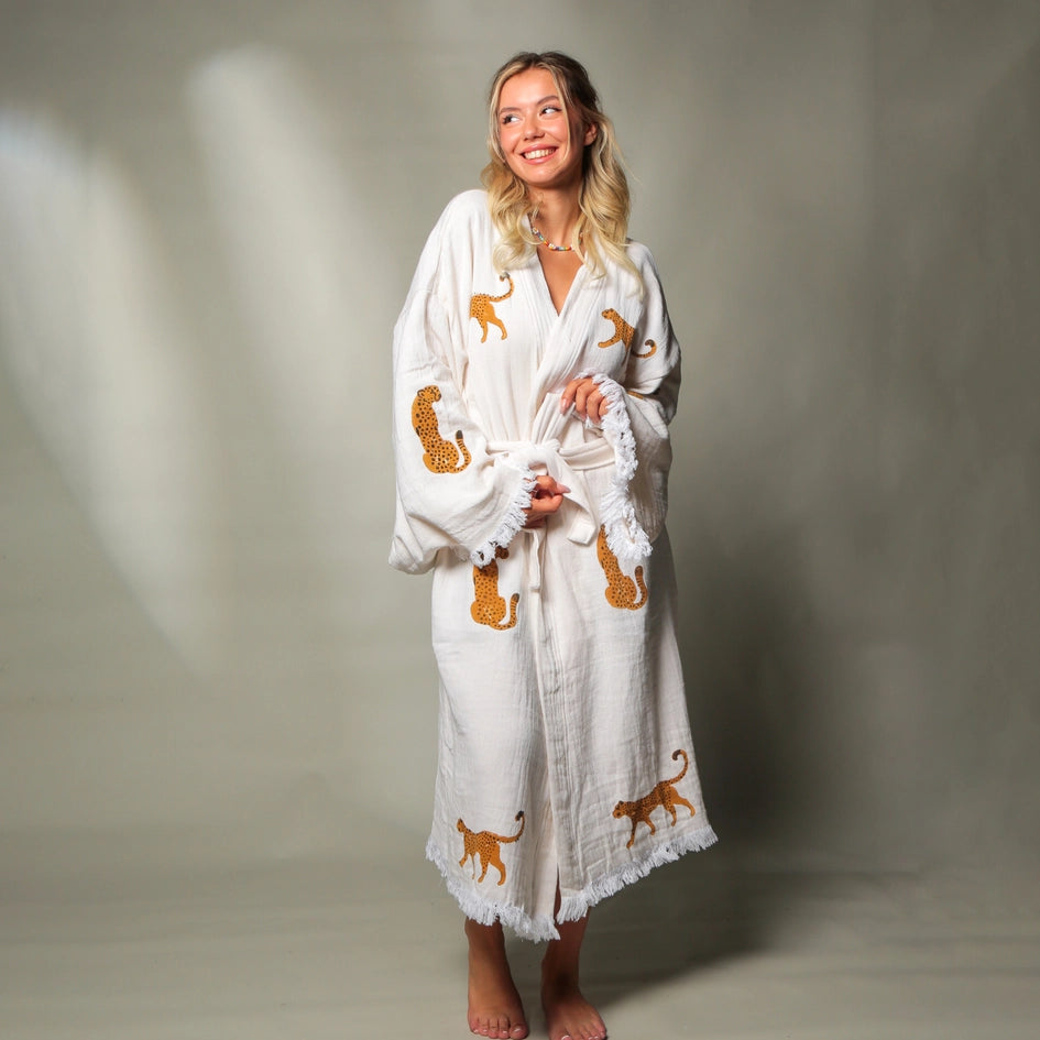 Long Tiger Kaftan Kimono Robe White Kimono Brown Tiger-Kimono-Moa-W: 33.5“inches (85cm) L: 47.2“inches (120cm)-Urbanheer