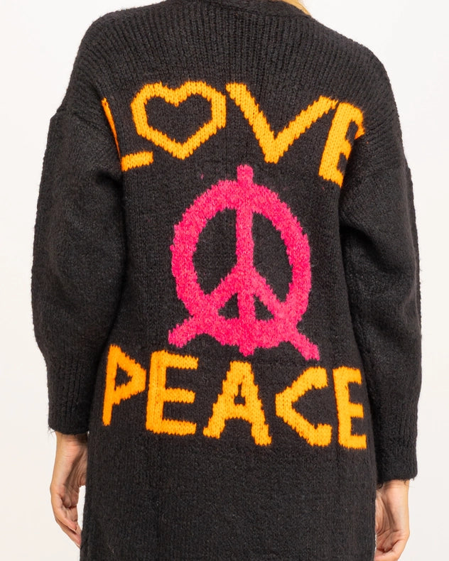 Long Cardigan Style Chunky Knit Jacket With Pockets And Graphic Black-Jacket-Tantra-YOUR-Urbanheer