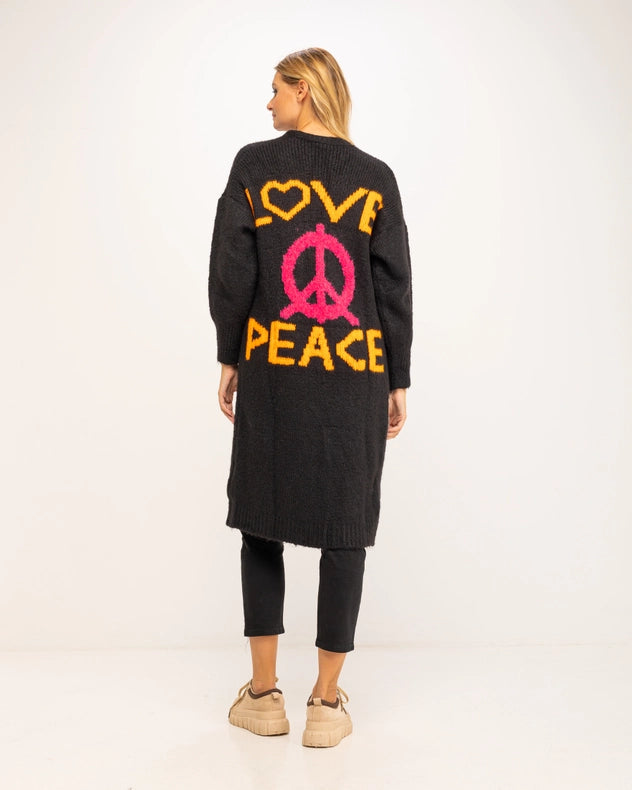 Long Cardigan Style Chunky Knit Jacket With Pockets And Graphic Black-Jacket-Tantra-YOUR-Urbanheer