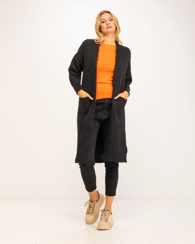 Long Cardigan Style Chunky Knit Jacket With Pockets And Graphic Black-Jacket-Tantra-YOUR-Urbanheer