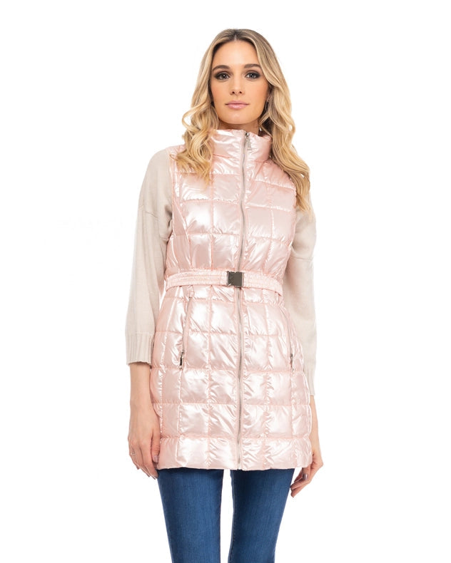 Long Metallic Padded Vest With Zip, Belt And Front Pockets Pink-Vest-Tantra-S-Urbanheer