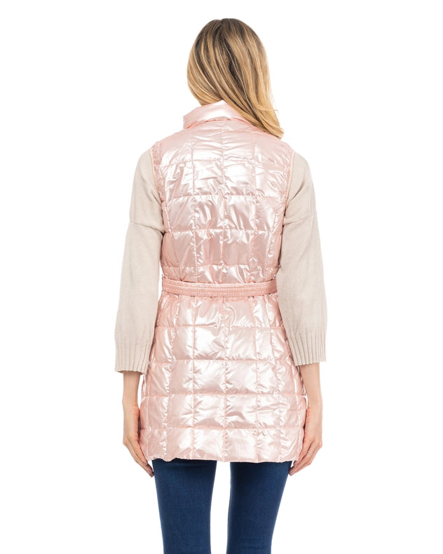 Long Metallic Padded Vest With Zip, Belt And Front Pockets Pink-Vest-Tantra-S-Urbanheer