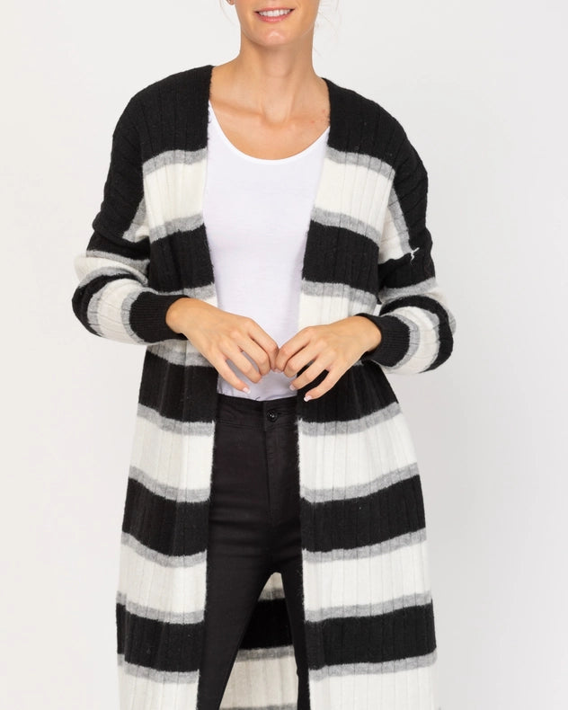 Long Open Knit Jacket With Stripes Black-Jacket-Tantra-YOUR-Urbanheer