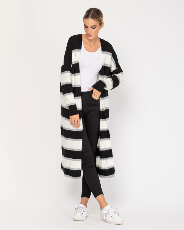 Long Open Knit Jacket With Stripes Black-Jacket-Tantra-YOUR-Urbanheer