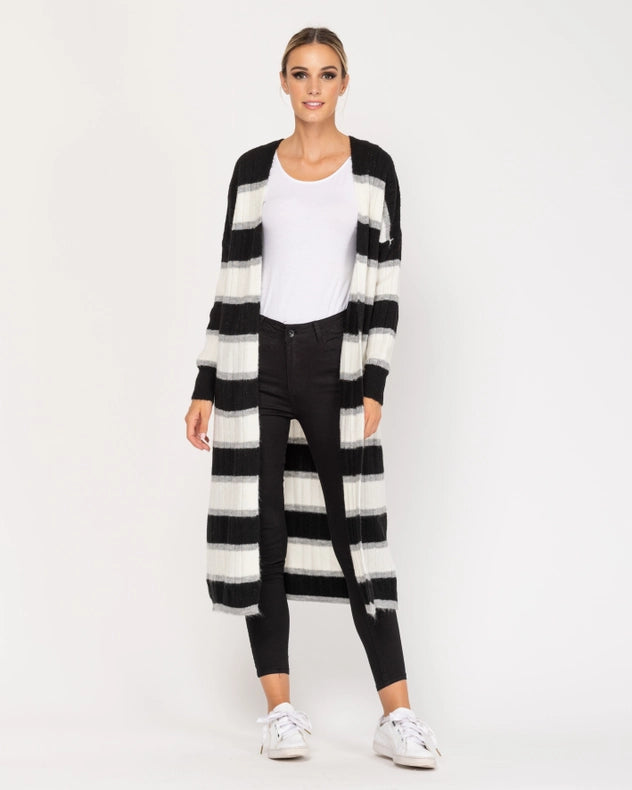 Long Open Knit Jacket With Stripes Black-Jacket-Tantra-YOUR-Urbanheer