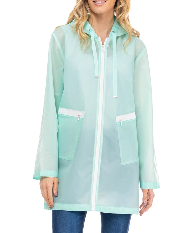 Long waterproof raincoat with hood, zip and pockets