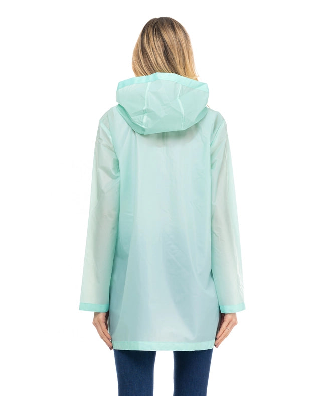 Long waterproof raincoat with hood, zip and pockets