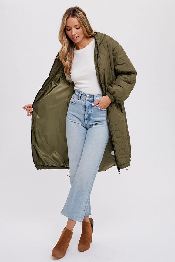 Longline Quilted Puffer Jacket ARMY GREEN-Puffer Jackets-Bluivy-S/M-ARMY GREEN-Urbanheer