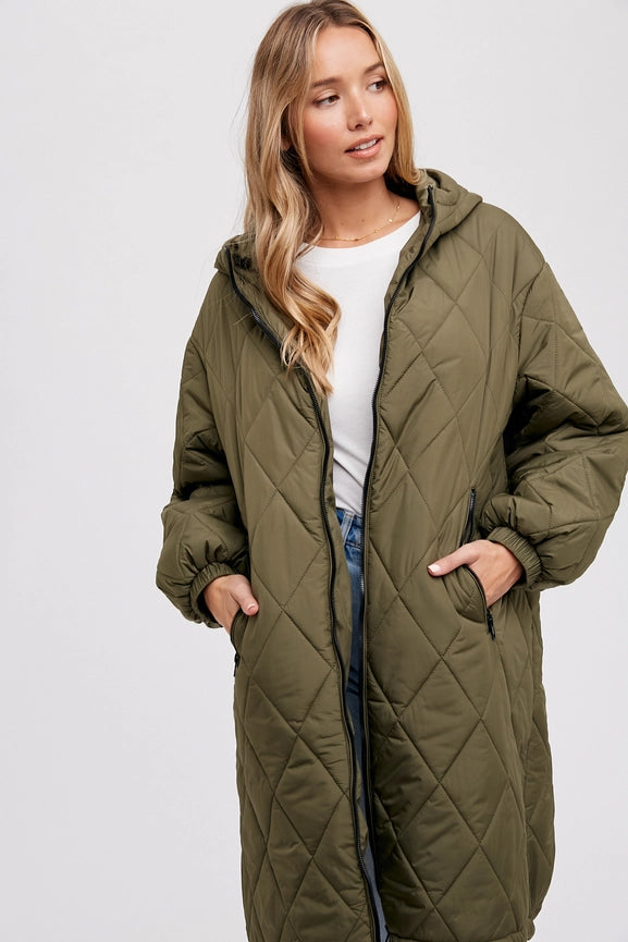 Longline Quilted Puffer Jacket ARMY GREEN-Puffer Jackets-Bluivy-S/M-ARMY GREEN-Urbanheer