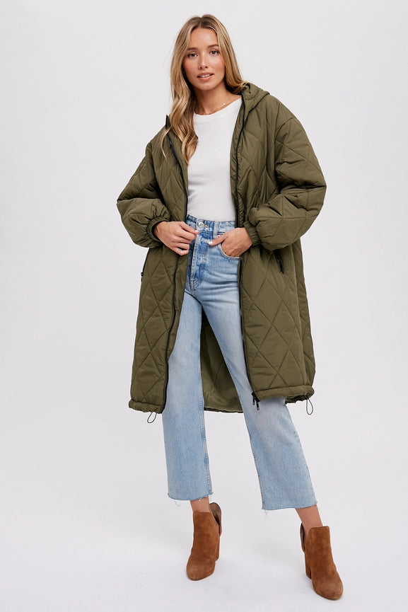 Longline Quilted Puffer Jacket ARMY GREEN-Puffer Jackets-Bluivy-S/M-ARMY GREEN-Urbanheer