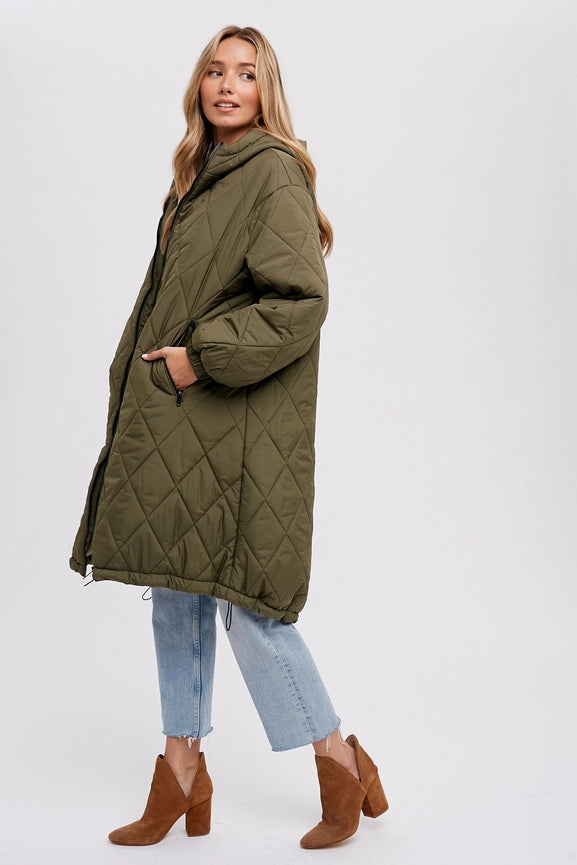 Longline Quilted Puffer Jacket ARMY GREEN-Puffer Jackets-Bluivy-S/M-ARMY GREEN-Urbanheer