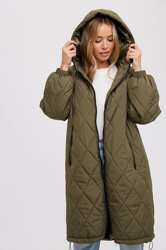 Longline Quilted Puffer Jacket ARMY GREEN-Puffer Jackets-Bluivy-S/M-ARMY GREEN-Urbanheer