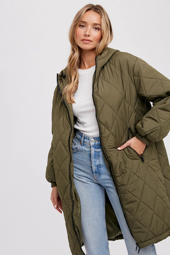 Longline Quilted Puffer Jacket ARMY GREEN-Puffer Jackets-Bluivy-S/M-ARMY GREEN-Urbanheer