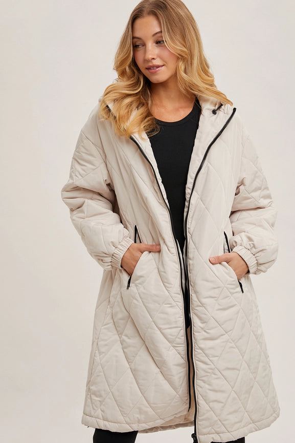 Longline Quilted Puffer Jacket BEIGE-Puffer Jackets-Bluivy-S/M-BEIGE-Urbanheer