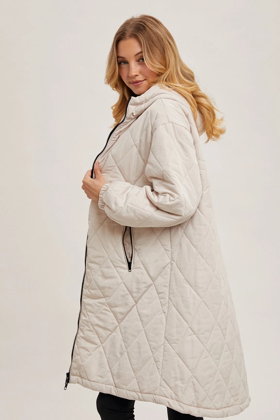 Longline Quilted Puffer Jacket BEIGE-Puffer Jackets-Bluivy-S/M-BEIGE-Urbanheer