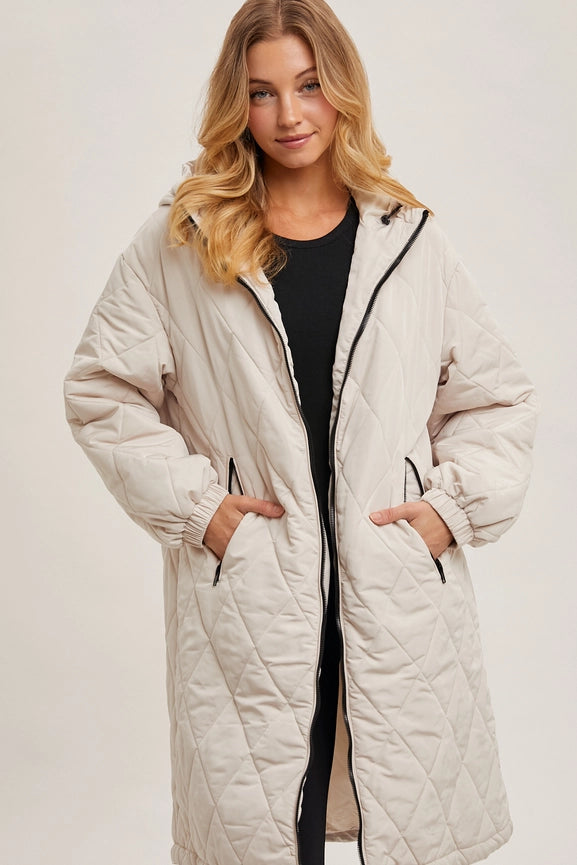 Longline Quilted Puffer Jacket BEIGE-Puffer Jackets-Bluivy-S/M-BEIGE-Urbanheer