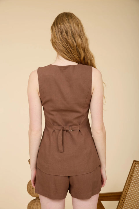Longline V Neck Sleeveless Linen Vest Top - Brown