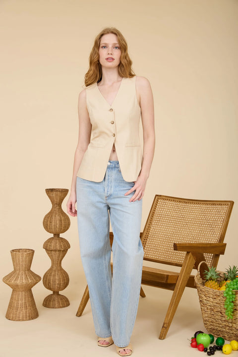 Longline V Neck Sleeveless Linen Vest Top - Khaki