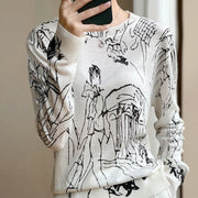 Loose Fit Round Neck Graffiti Print Thin Sweater-Sweater-UZ Wholesale Store-S-WHITE-Urbanheer