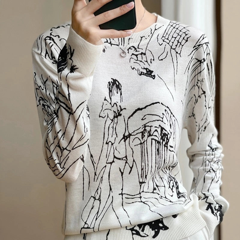 Loose Fit Round Neck Graffiti Print Thin Sweater-Sweater-UZ Wholesale Store-S-WHITE-Urbanheer