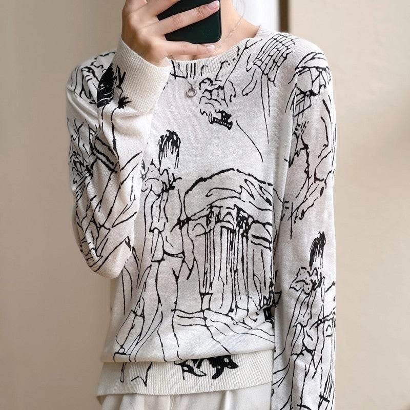 Loose Fit Round Neck Graffiti Print Thin Sweater-Sweater-UZ Wholesale Store-S-WHITE-Urbanheer