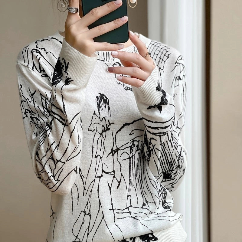 Loose Fit Round Neck Graffiti Print Thin Sweater-Sweater-UZ Wholesale Store-S-WHITE-Urbanheer