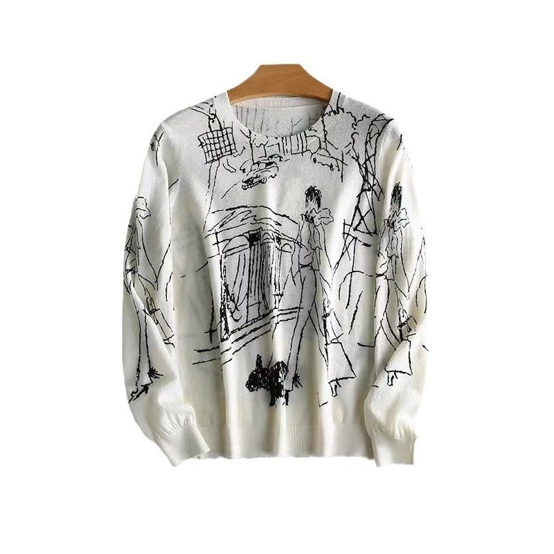 Loose Fit Round Neck Graffiti Print Thin Sweater-Sweater-UZ Wholesale Store-S-WHITE-Urbanheer
