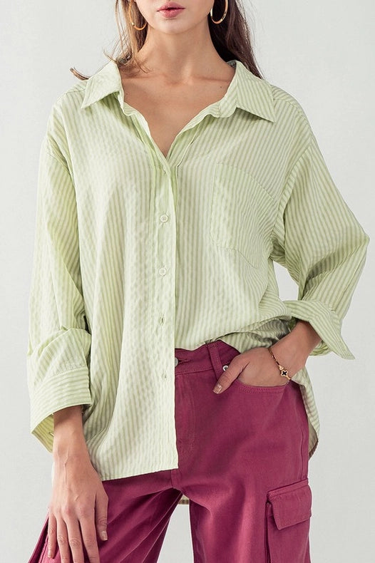 Loose Fit Stripe Button Down Shirt SAGE-Shirt-Urban Daizy-S/M-SAGE-Urbanheer