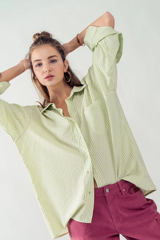 Loose Fit Stripe Button Down Shirt SAGE-Shirt-Urban Daizy-S/M-SAGE-Urbanheer